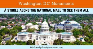 Visiting the Washington DC Monuments includes a visit to the Washington Monument, the Jefferson Memorial and the Lincoln Memorial